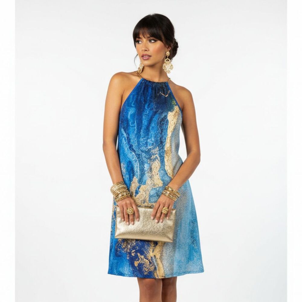 Noracora Blue Print Metal Neck Sleeveless Dress M